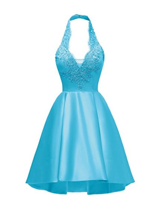 Yilis Halter Neck A Line Lace High Low Homecoming Dress Short Prom Party Gown Cocktail Dress Turquoise US2