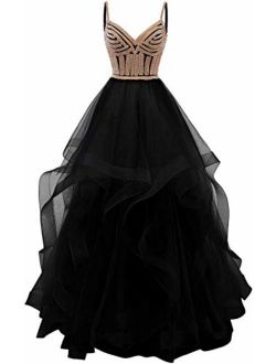 Tulle Crystal Beaded Prom Dresses Tiered Formal Evening Dresses Spaghetti Strap Ball Gown