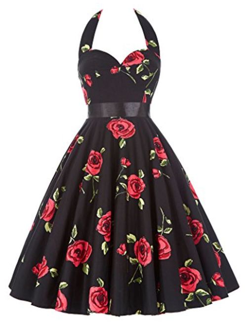 GRACE KARIN Women Vintage 1950s Halter Cocktail Party Swing Dress with Sash
