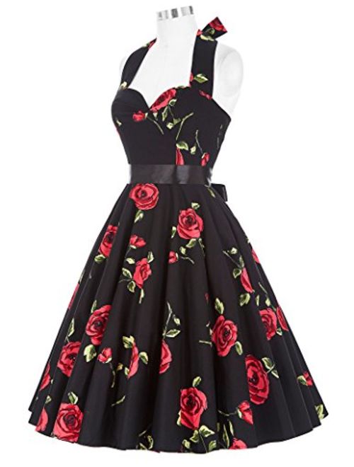 GRACE KARIN Women Vintage 1950s Halter Cocktail Party Swing Dress with Sash