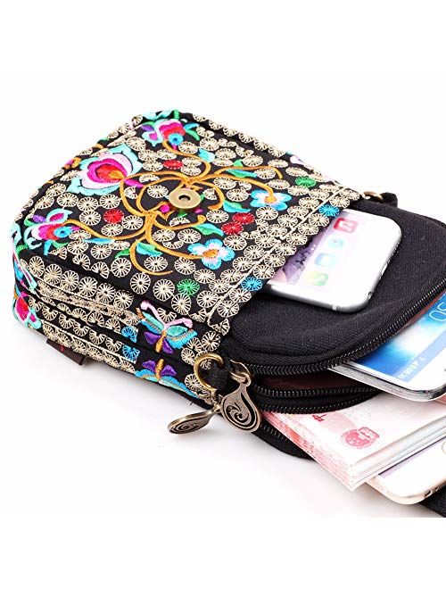 Embroidered Cute Mini Crossbody Bag for Women Small Handbags Wristlet Wallet Bag Cell-phone Pouch Coin Purse