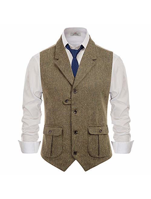 PJ PAUL JONES Men's Herringbone Tailored Collar Waistcoat Wool Tweed Suit Vest with Flap Pockets