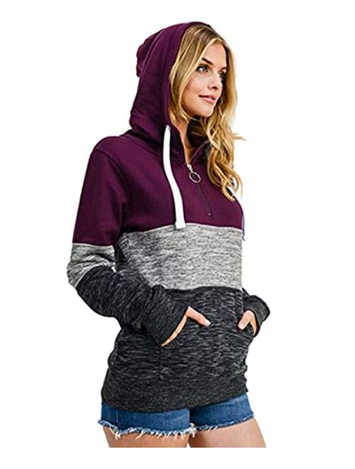 esstive Women's Ultra Soft Fleece Midweight Casual Tri-Color Block 1/4 Zip-Up Pullover Hoodie Sweatshirt, Plum, Small
