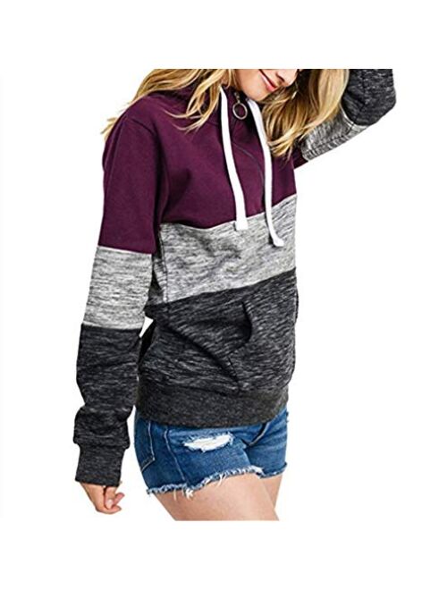 esstive Women's Ultra Soft Fleece Midweight Casual Tri-Color Block 1/4 Zip-Up Pullover Hoodie Sweatshirt, Plum, Small