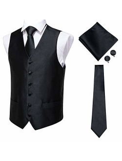 Hi-Tie Men's 4pc Waistcoat Vest Necktie Pocket Square Cufflinks Set for Suit or Tuxedo More Color for Choose