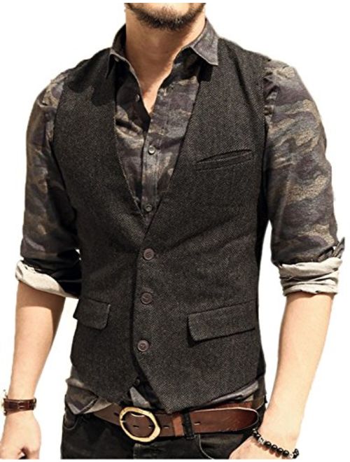 JYDress Men's Slim Fit Herringbone Tweed Suits Vest 3 Button Vest Waistcoat