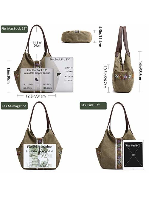Worldlyda Women Canvas Hobo Purse Multi Pocket Tote Shopper Shoulder Bag Casual Top Handle handbag with Embroidery Ethnic