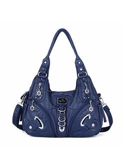 Angelkiss Women Multiple Pockets Purses and Handbags Washed Leather, Two Top Zippers Closure, Blue