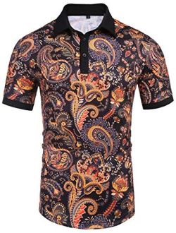 Daupanzees Men's Paisley Casual Short Sleeve Floral Print Jersey Polo Shirt