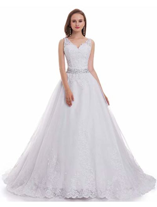 OWMAN Lace V Neck Wedding Dress Beaded Bridal Dresses Appliques Straps Wedding Gown