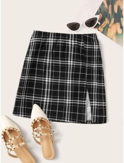 Split Hem Plaid Skirt