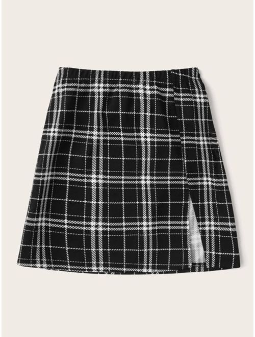 Shein Split Hem Plaid Skirt