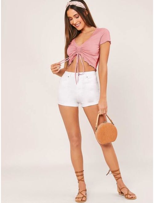 Shein Drawstring Ruched Front Lettuce Trim Tee