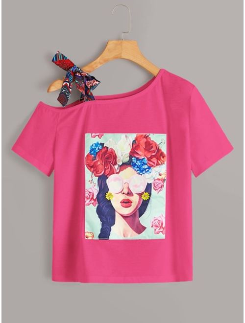 Figure & Floral Graphic Asymmetrical Neck Knot Tee