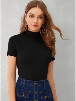 Mock-neck Scallop Edge Rib-knit Top