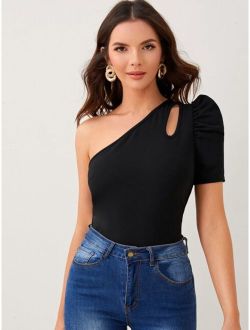 One Shoulder Cut-out Puff Sleeve Tee