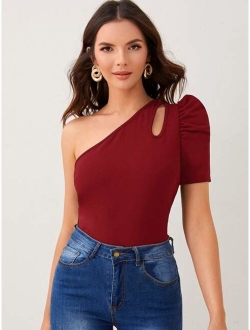 One Shoulder Cut-out Puff Sleeve Tee