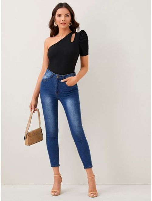 Shein One Shoulder Cut-out Puff Sleeve Tee