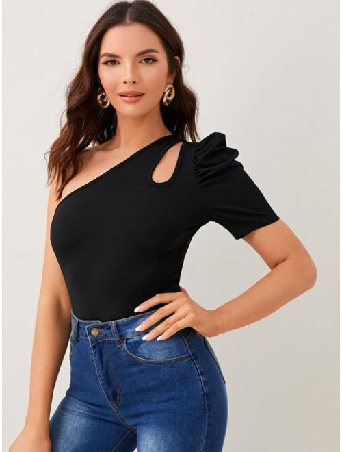 Shein One Shoulder Cut-out Puff Sleeve Tee