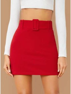 Buckle Belted Solid Skirt
