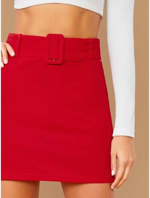 Shein Buckle Belted Solid Skirt