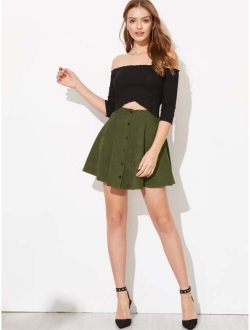 Buttoned Front Cord Skater Skirt