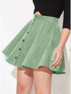 Buttoned Front Cord Skater Skirt
