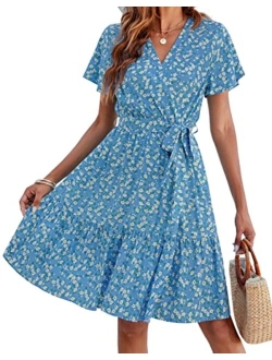 Womens Summer Wrap V Neck Bohemian Floral Print Ruffle Swing A Line Beach Mini Dress