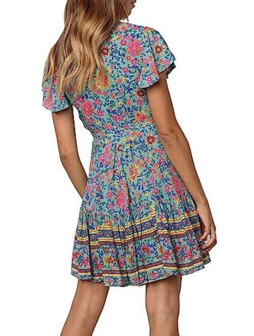 ZESICA Womens Summer Wrap V Neck Bohemian Floral Print Ruffle Swing A Line Beach Mini Dress