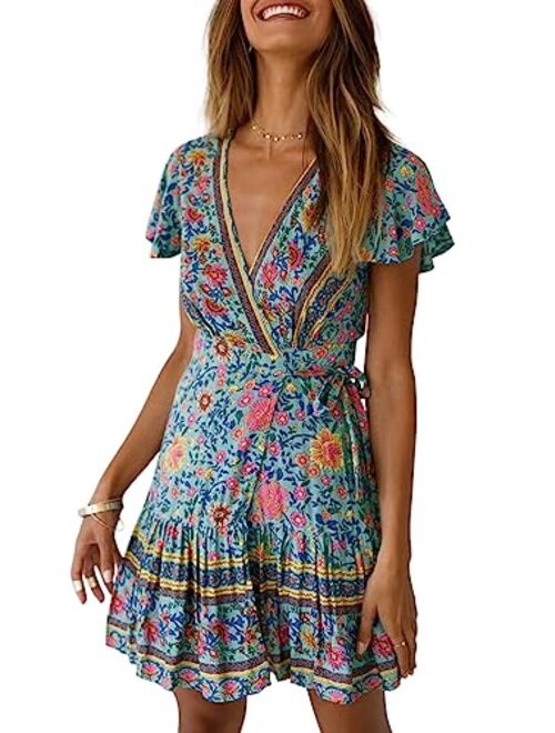 ZESICA Womens Summer Wrap V Neck Bohemian Floral Print Ruffle Swing A Line Beach Mini Dress