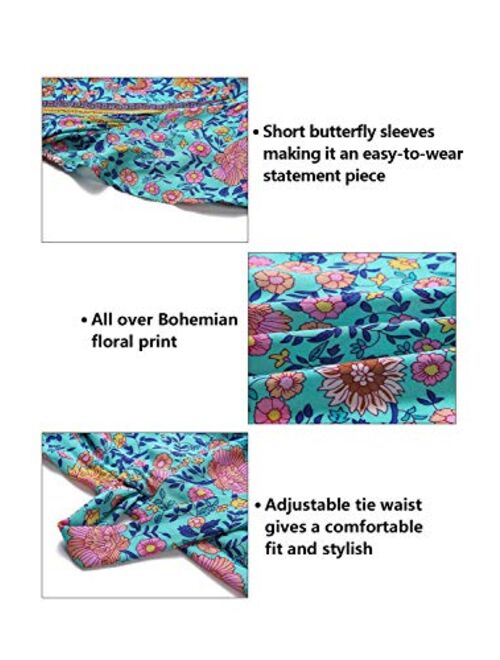 ZESICA Womens Summer Wrap V Neck Bohemian Floral Print Ruffle Swing A Line Beach Mini Dress