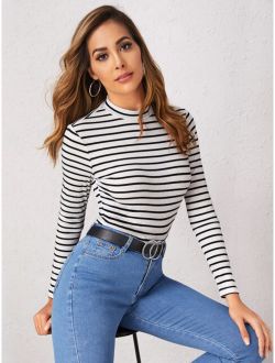 Mock-neck Rib-knit Fitted Striped Tee