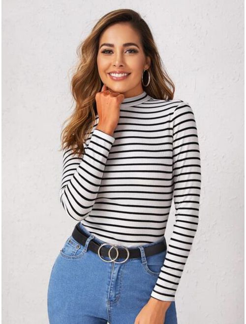 Shein Mock-neck Rib-knit Fitted Striped Tee