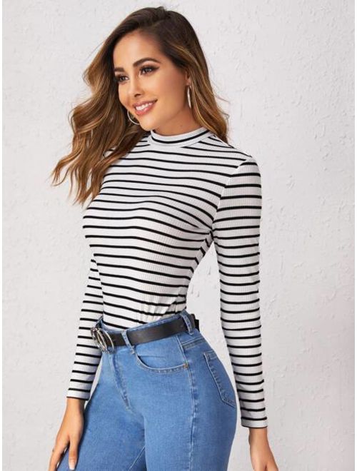 Shein Mock-neck Rib-knit Fitted Striped Tee