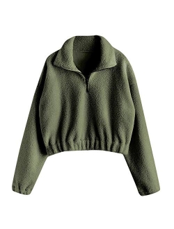 Women's Fashion Long Sleeve Lapel Half Zip Plain Faux Fur Sweatshirt Solid Color Crop Pullover Tops