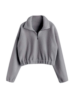 Women's Fashion Long Sleeve Lapel Half Zip Plain Faux Fur Sweatshirt Solid Color Crop Pullover Tops