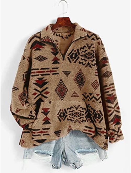 ZAFUL Women's Fashion Long Sleeve Lapel Half Zip Plain Faux Fur Sweatshirt Solid Color Crop Pullover Tops
