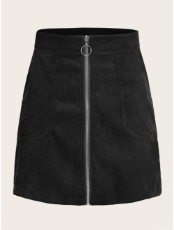 O-ring Zip Front Corduroy Straight Skirt
