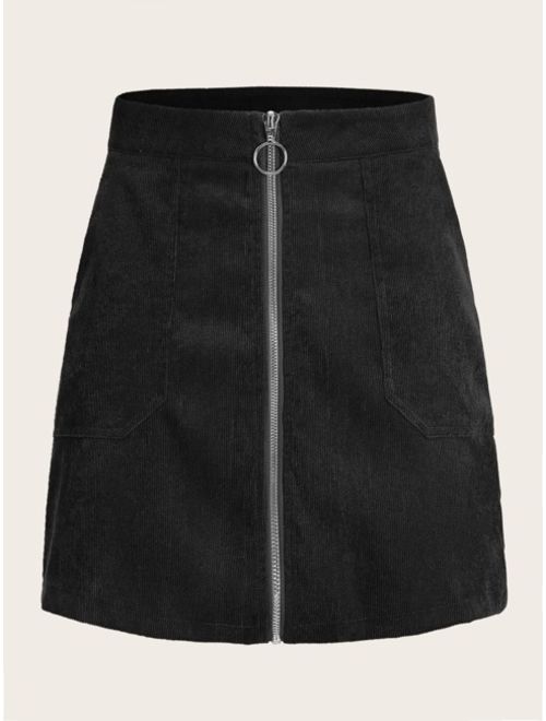 Shein O-ring Zip Front Corduroy Straight Skirt