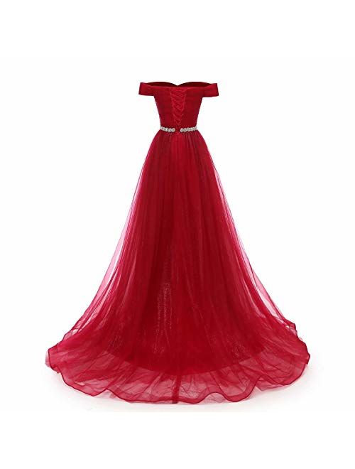 AiniDress Women's A-line Tulle Prom Dresses Off the Shoulder Formal Evening Ball Gown