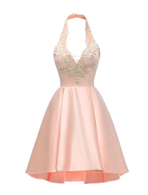 Yilis Halter Short Satin Homecoming Dress A-line Lace Applique Hi-lo Formal Prom Gowns