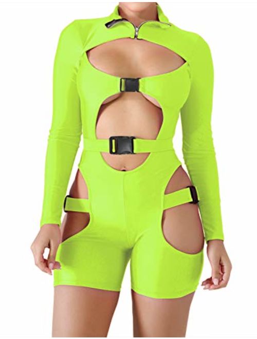 VWIWV Women's Bodycon Bag Buckle High Neck Jumpsuit Long Sleeves Sexy Hollowing Out Romper