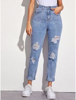 Solid Ripped 5-pocket Carrot Jeans