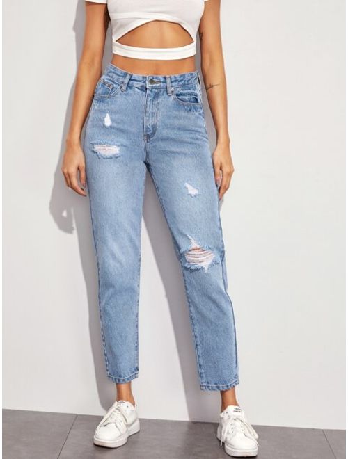 Shein Solid Ripped Mom Jeans