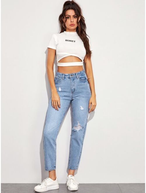 Shein Solid Ripped Mom Jeans