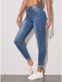 Roll Hem Patched Detail Skinny Jeans