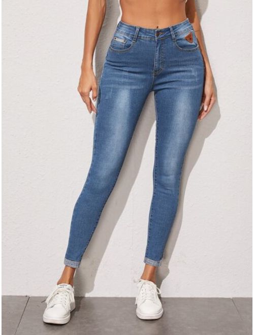 Shein Roll Hem Patched Detail Skinny Jeans