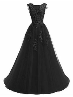 Ever Girl Women's Sweep Lace Appliques Scoop Collar Tulle A-Line Prom Dresses