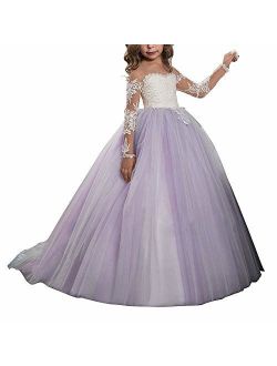 Lace Embroidery Sheer Long Sleeves Kids Trailing Gowns