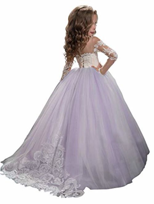 Abaowedding Lace Embroidery Sheer Long Sleeves Kids Trailing Gowns 